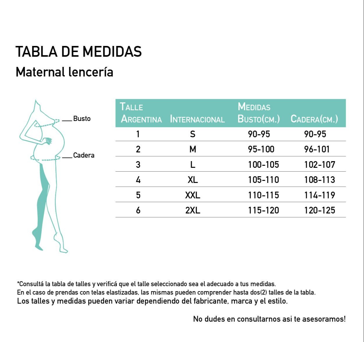 Camisola Maternal ANTONELLA Plus size Tabla de medidas