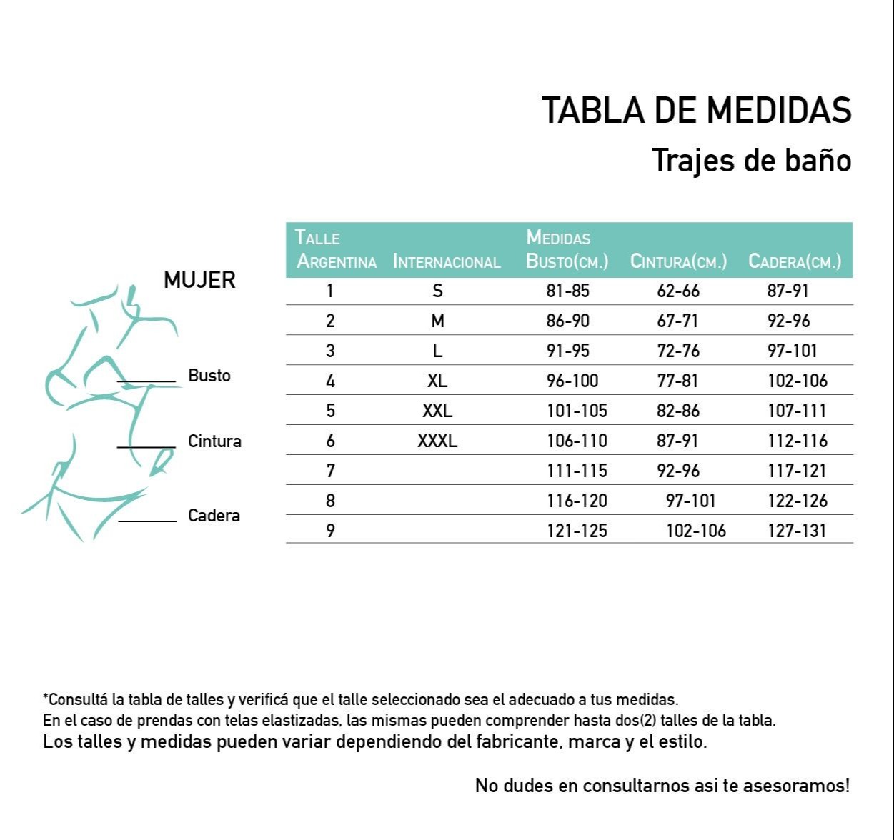 Enteriza Combinada Con Bretel PV Tabla de medidas