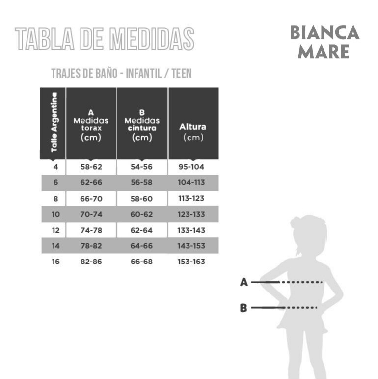 Enteriza Infantil Palmeras Extra SS Tabla de medidas